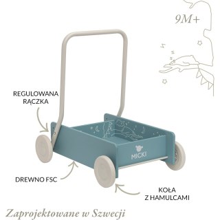 Niebieski drewniany chodzik pchacz, do nauki chodzenia, dla dzieci, Micki
