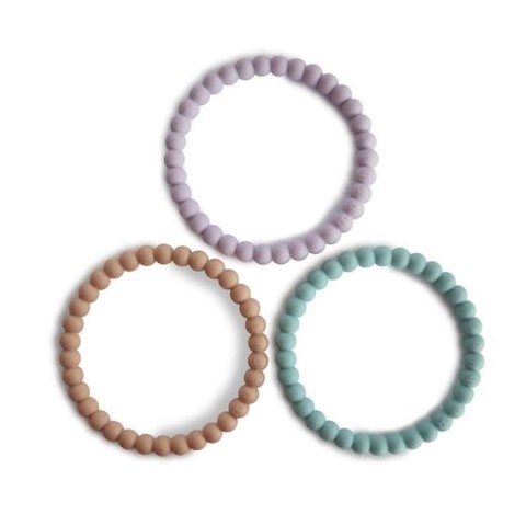 Mushie - 3 gryzaki silikonowe bransoletki PEARL Lilac Cyan Soft Peach