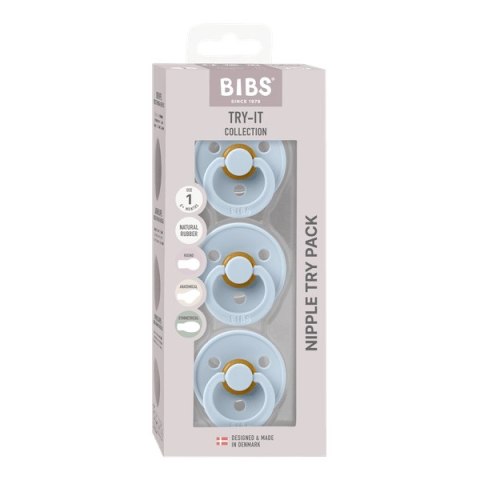 BIBS TRY-IT zestaw 3 szt smoczków niemowlęcych o różnych ustnikach BABY BLUE