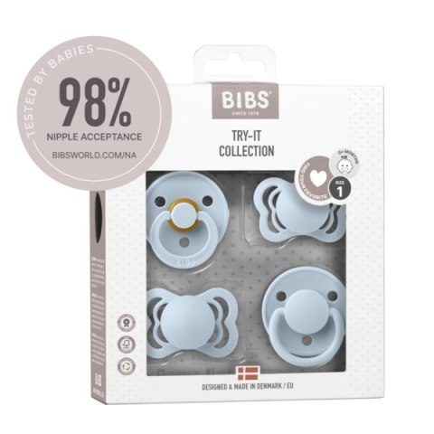 BIBS TRY-IT zestaw 4 szt smoczków niemowlęcych o różnych ustnikach BABY BLUE