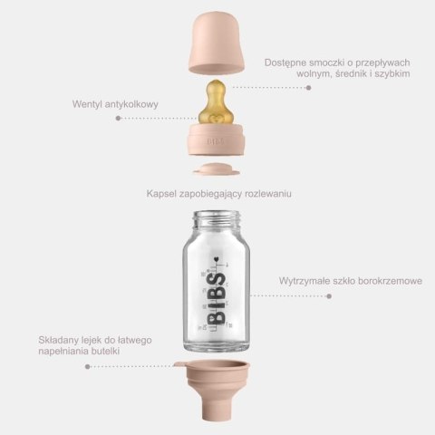 BIBS BUTELKA SZKLANA ze smoczkiem antykolkowym z kauczuku poj 225 ml MAUVE