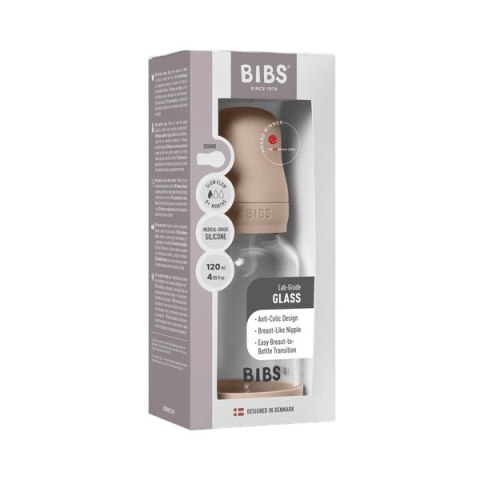 BIBS BUTELKA SZKLANA ze smoczkiem antykolkowym z silikonu medycznego poj. 120 ml BLUSH