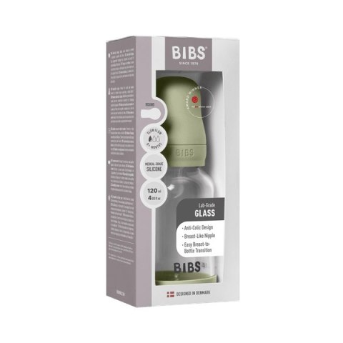 BIBS BUTELKA SZKLANA ze smoczkiem antykolkowym z silikonu medycznego poj. 120 ml, SAGE