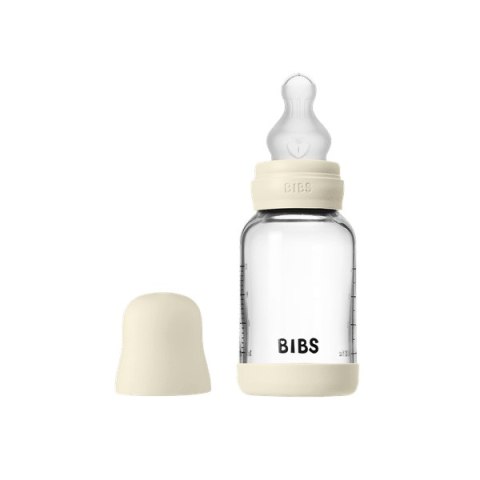BIBS BUTELKA SZKLANA ze smoczkiem antykolkowym z silikonu medycznego pojemność 120 ml IVORY