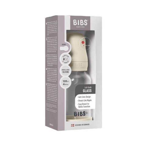 BIBS BUTELKA SZKLANA ze smoczkiem antykolkowym z silikonu medycznego pojemność 120 ml IVORY