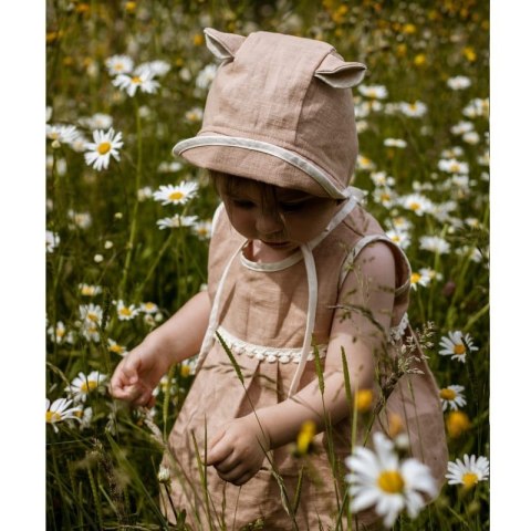 Hi Little One bonetka niemowlęca z daszkiem i uszkami BOHO LEO Beige roz S Pom Pom