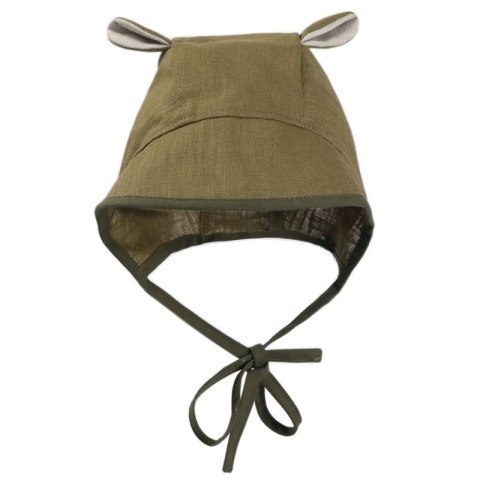 Hi Little One bonetka niemowlęca z daszkiem i uszkami BOHO LEO Pickle roz S Pom Pom